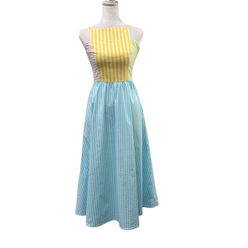 STAUD Striped Colorblock Midi Dress Womens 2 Rainbow Cotton Poplin Patchwork